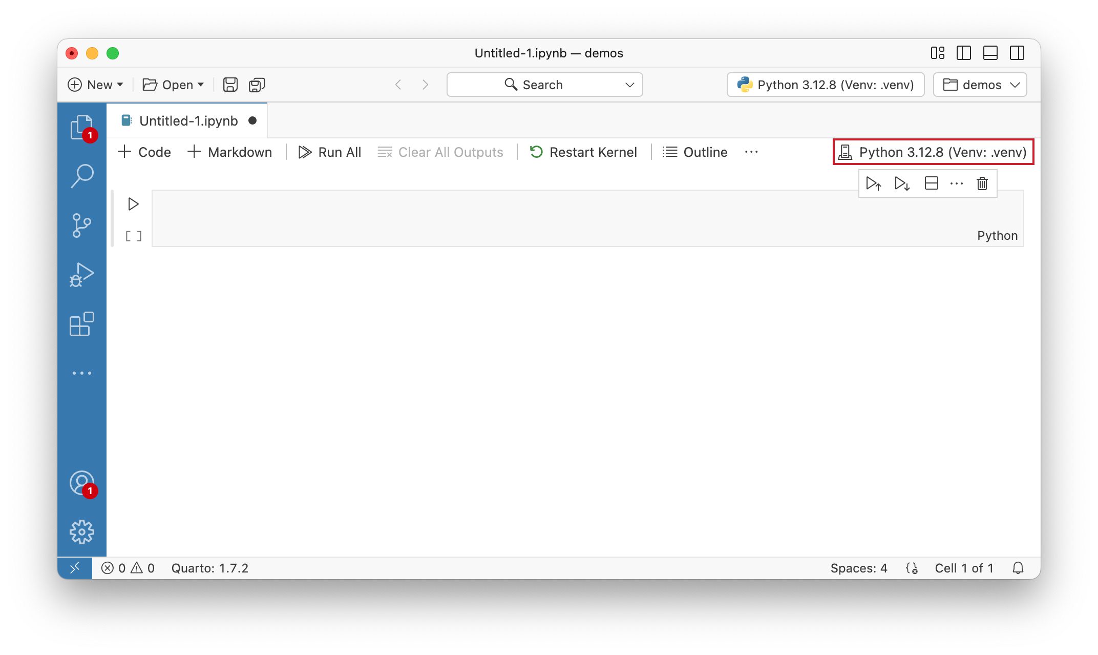 The Legacy Notebook Editor action bar with the kernel selector highlighted, showing Python 3.12.8 as the selected interpreter.